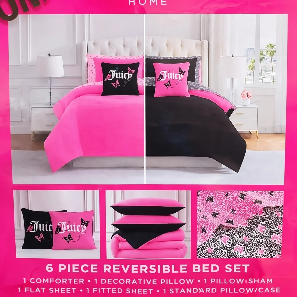 Juicy Couture 6 Piece Reversible Comforter Bed Set Pink & Black / Leopard - New